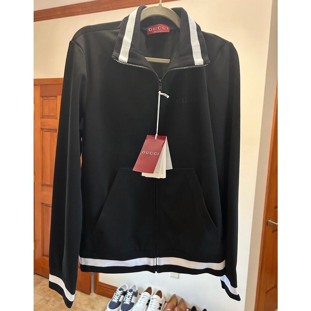Men's Gucci jersey technical, zip up jacket, web, trim, size medium made Italy